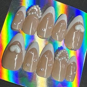 medium coffin nude French tip with pearls handmade press on nails